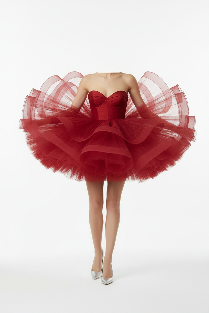 Vestido rojo pose girando sin cara